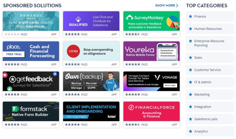Sample of apps available in Salesforce AppExchange marketplace