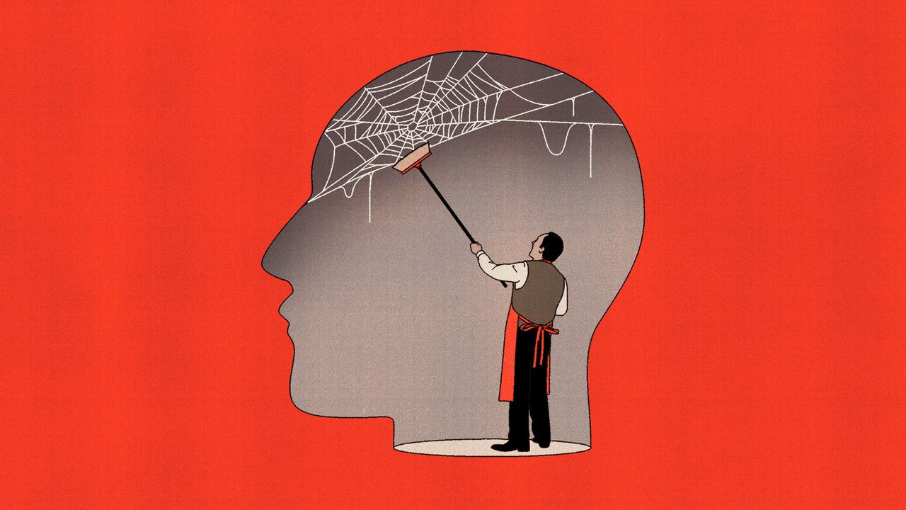 An illustration of a man using a broom to clean spider webs within a space shaped like a head.