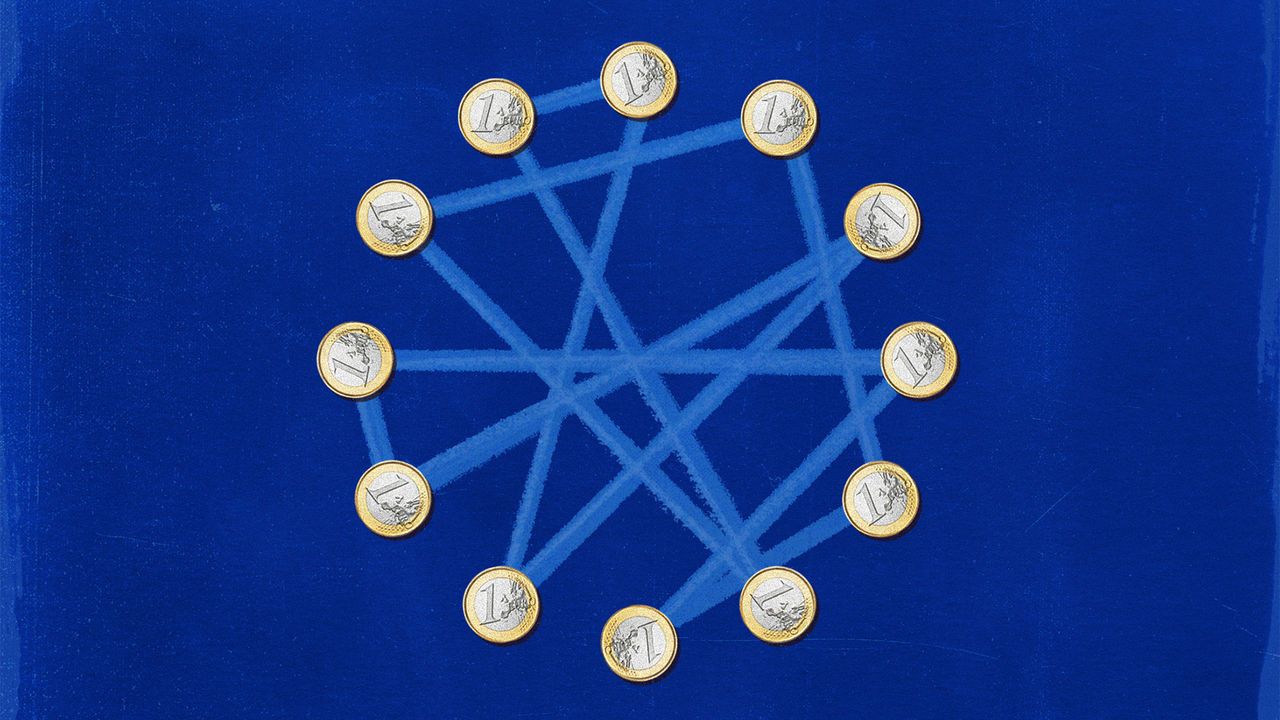 A circle of Euro coins on a blue background with light blue tape going from one coin to the other 