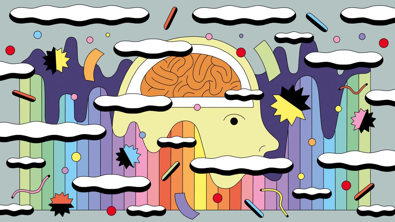 An illustration showing a brain within a head surrounded by a colourful bar chart that waves up and down and other shapes floating around.