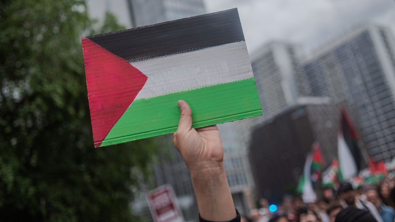 A protester hold a Palestinian flag during a Pro-Palestine demonstration held in Berlin, Germany.