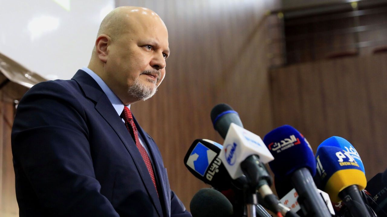 ICC Prosecutor Karim Khan speaks at a press conference.