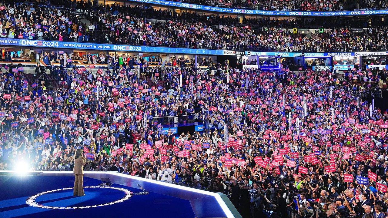 Vice President Kamala Harris, the Democratic presidential nominee, speaks on the first night of the Democratic National Convention in Chicago