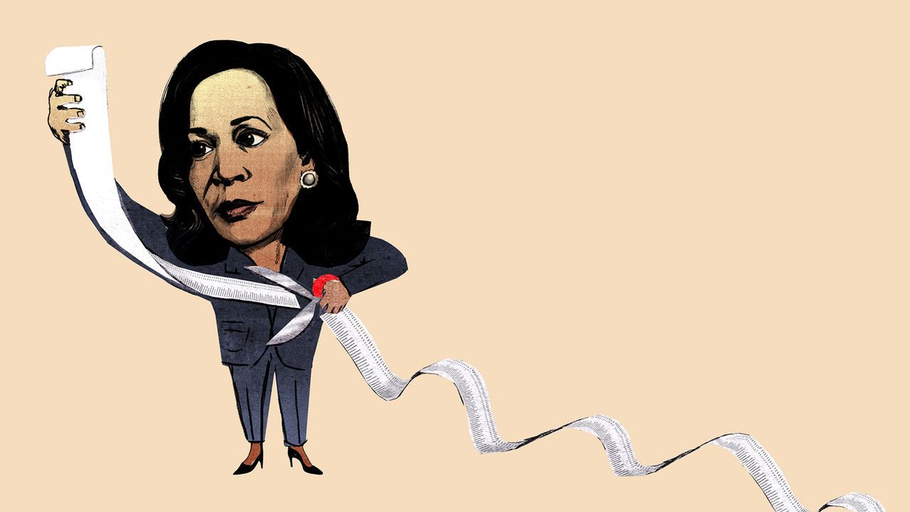 An illustration of Kamala Harris cutting a very long receipt.