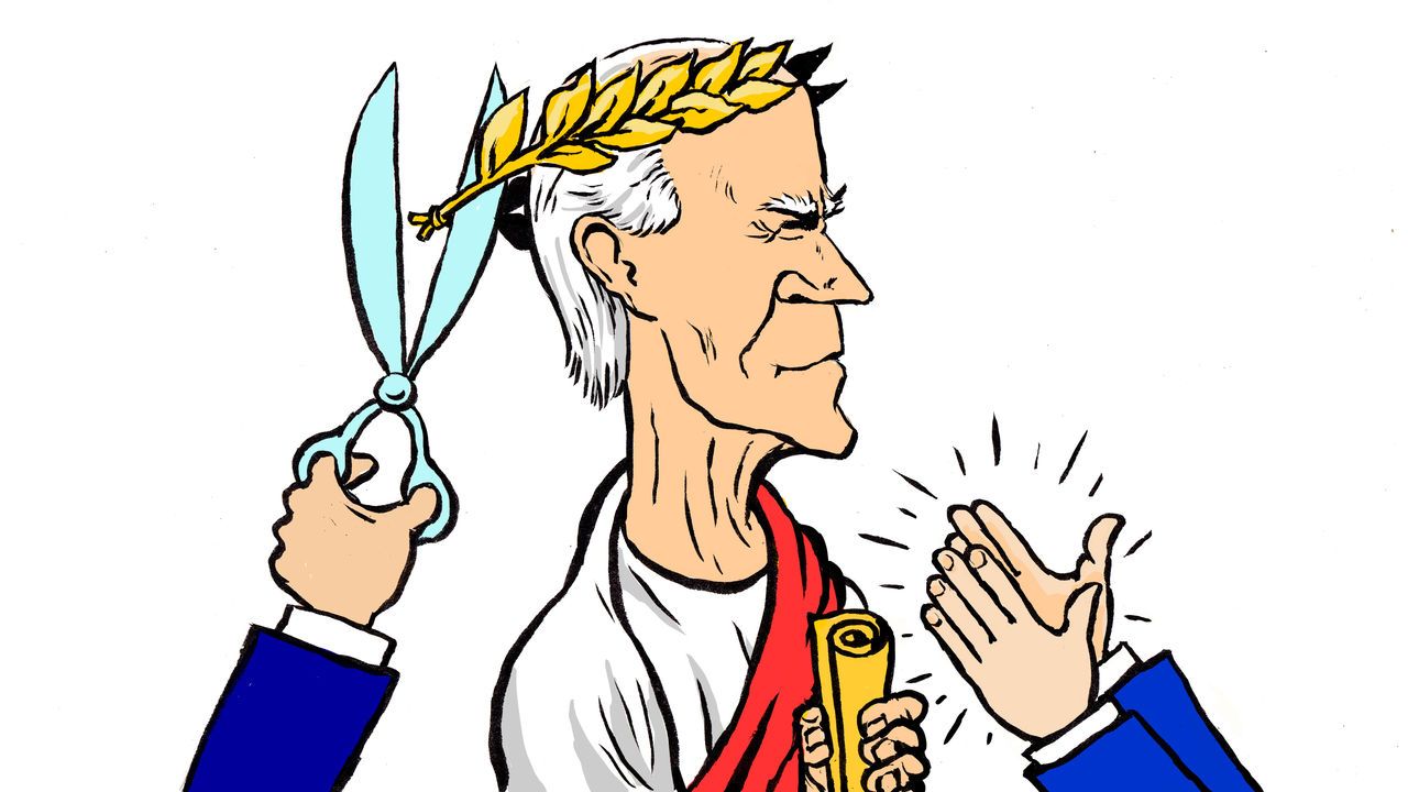 Joe Biden as Caesar having his crown snapped by someone else's scissors.