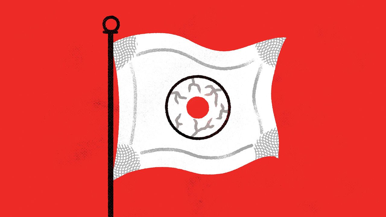  illustration of the Japanese flag waving on a black flagpole against a solid red background. The flag features a stylized central design that resembles an eye, with a red circle in the center and gray vein-like lines around it