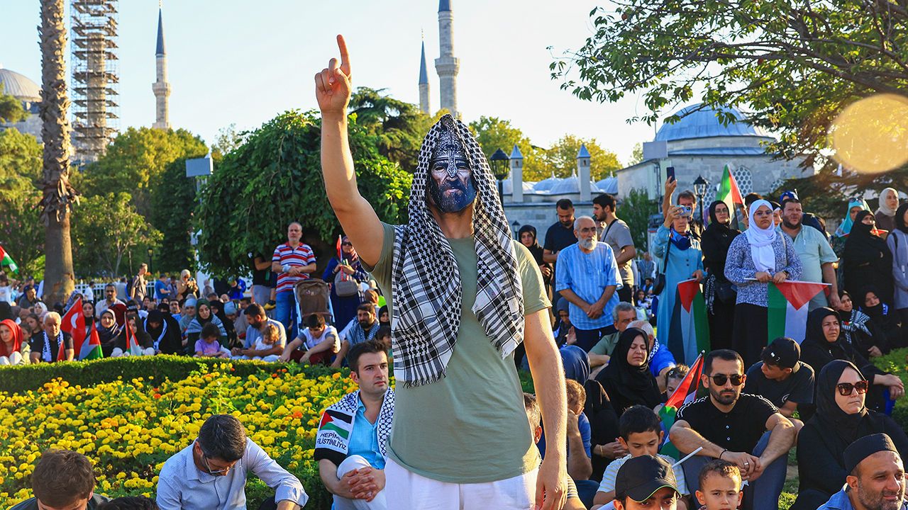 Crowds gathered at Hagia Sophia Square in honour of Ismail Haniyeh, Istanbul, Turkey