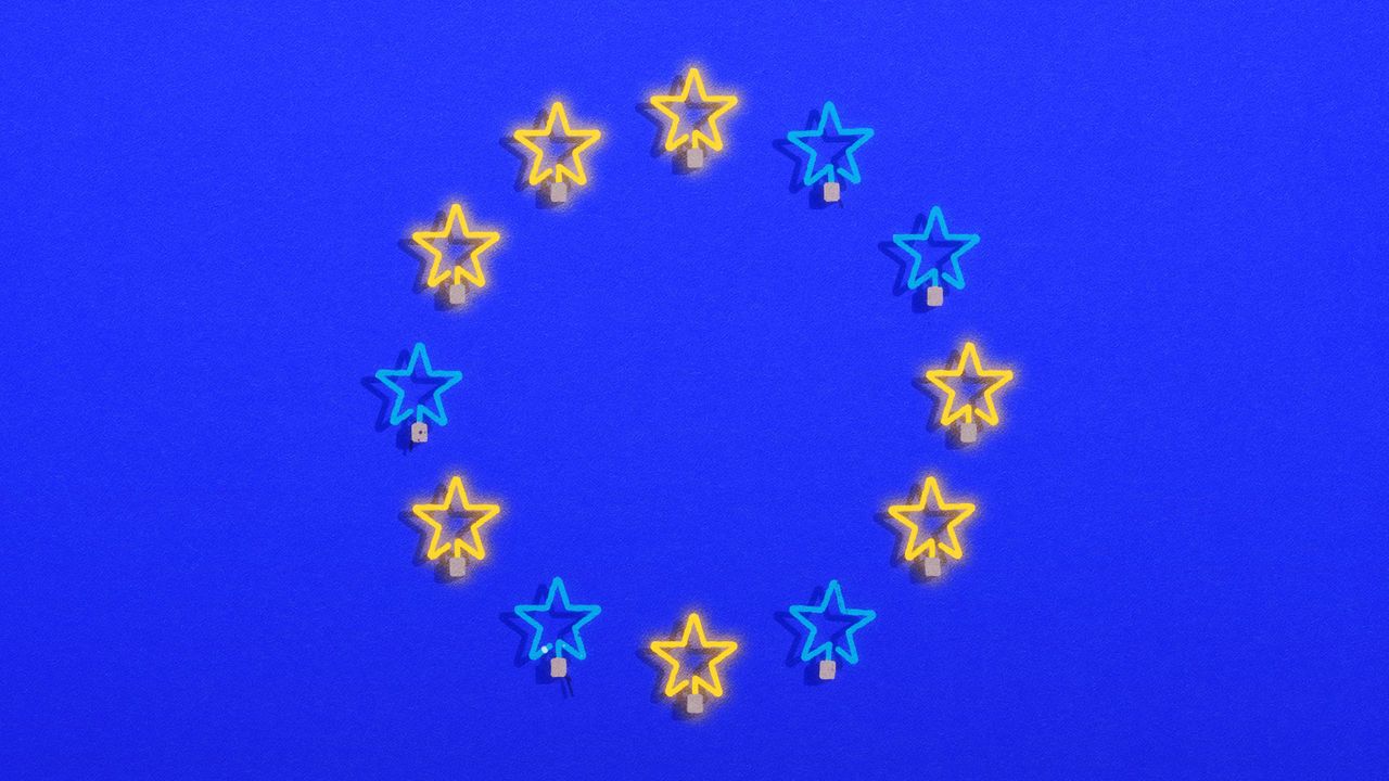 illustration of the European Union flag, with a circle of stars against a blue background. The stars alternate in color between blue and yellow, resembling neon lights