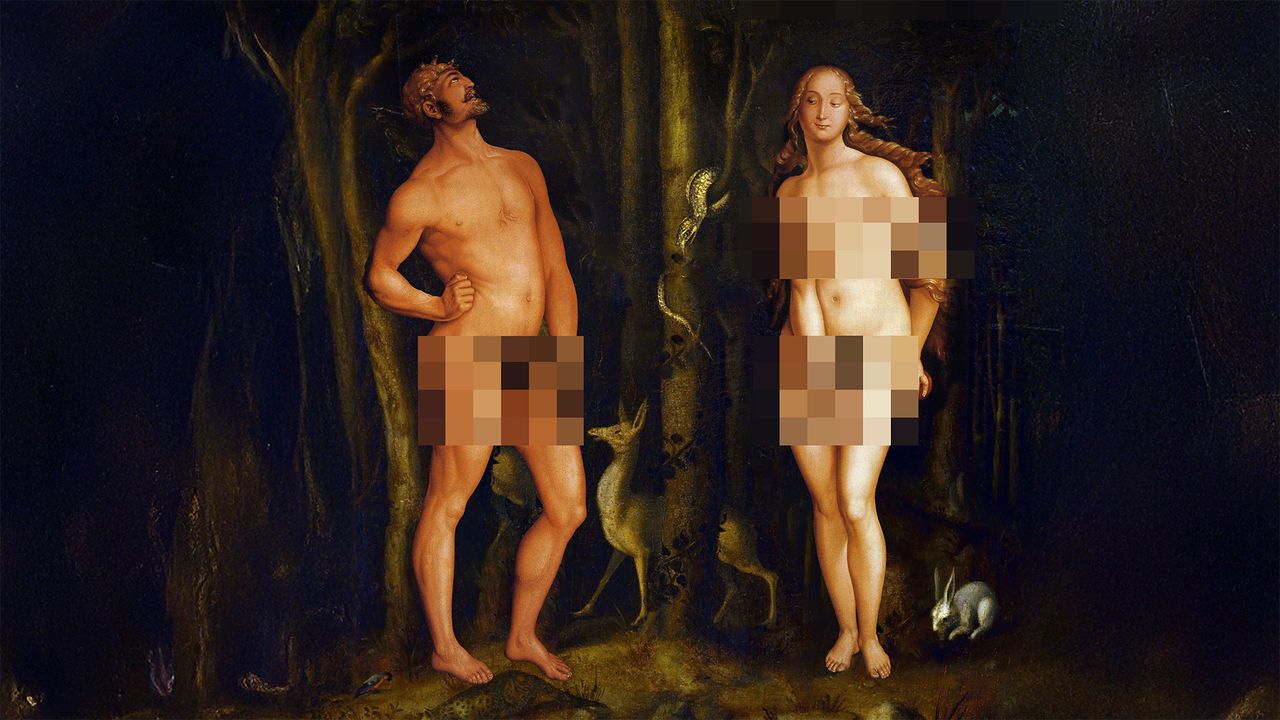 A painting of Adam and Eve, obscurred and censored by pixelation