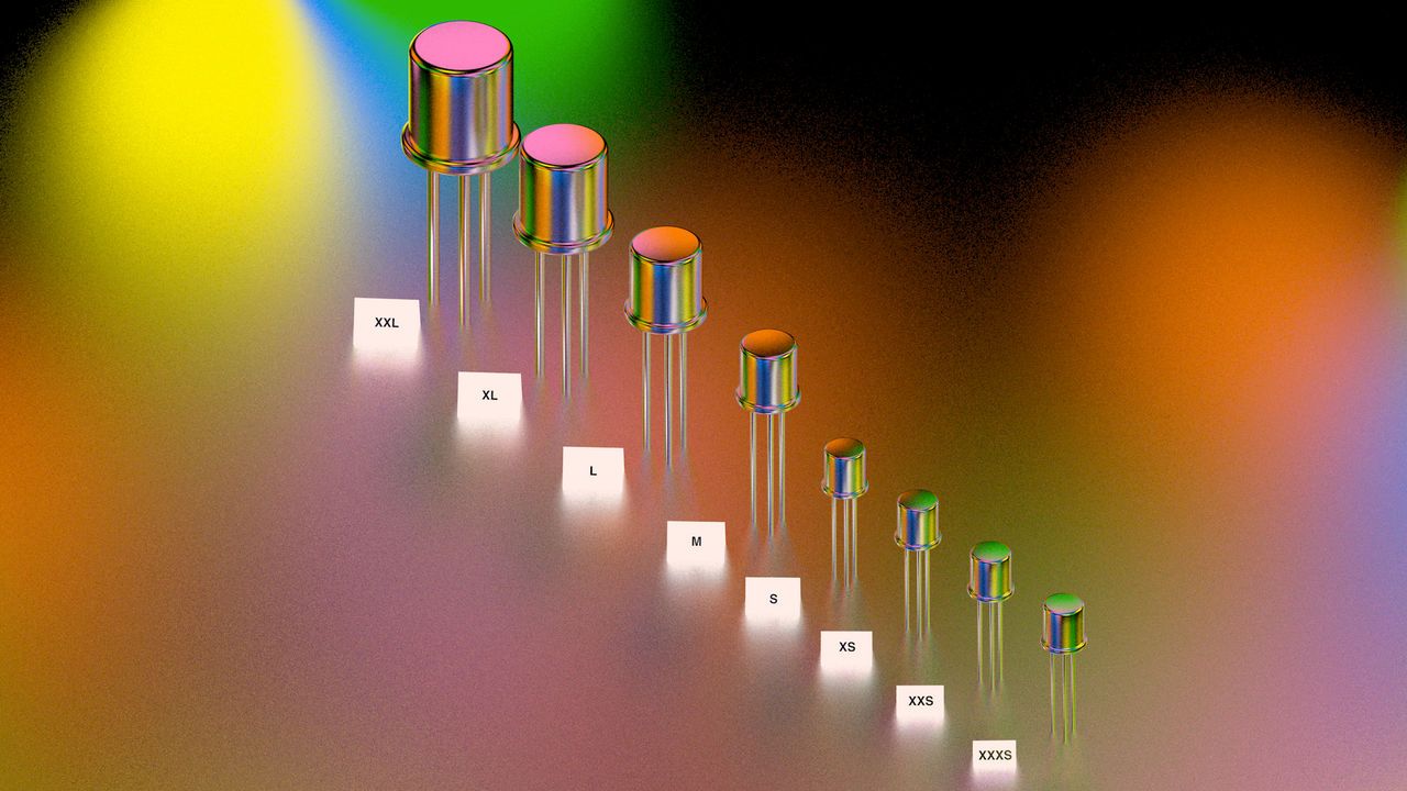 Brightly coloured 3D rendered illustration of a series of transistors going down in size with labels next to them from XXL to XXXS but S to XXXS are all the same size