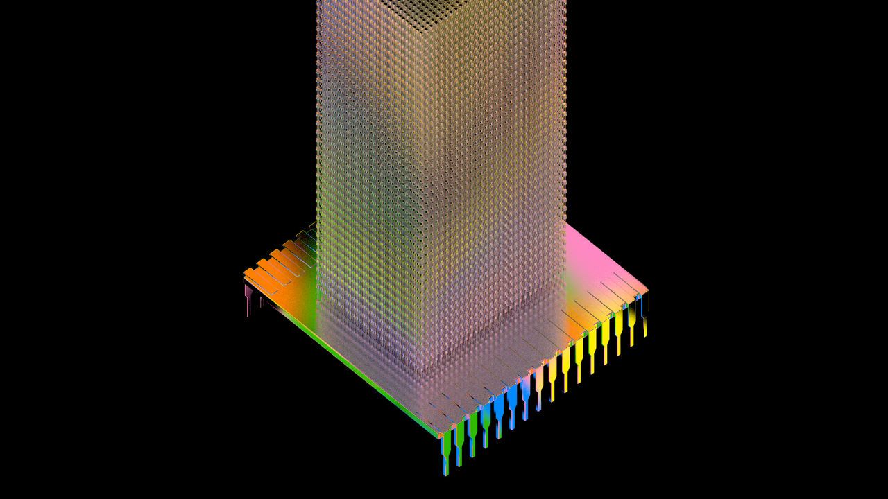 Brightly coloured 3D rendered illustration of computer chip with a tall tower of transistors on it