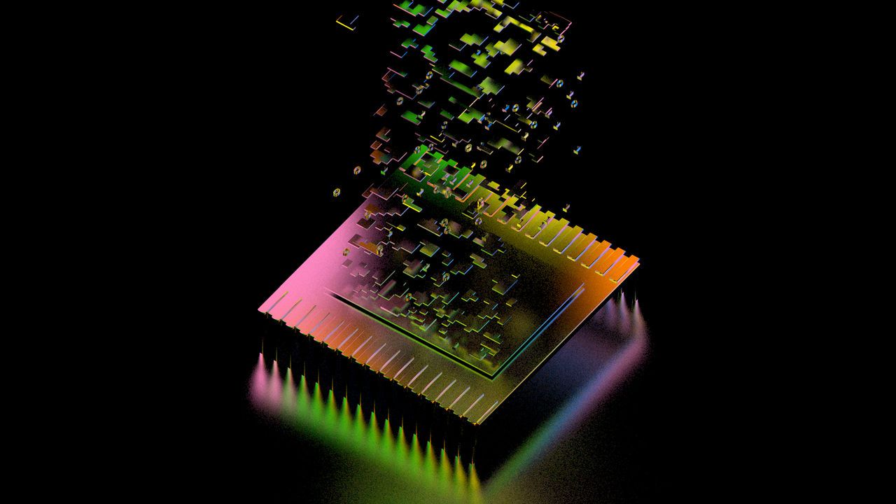 Brightly coloured 3D rendered illustration of blocks and 1s and 0s falling on to a comluter chip