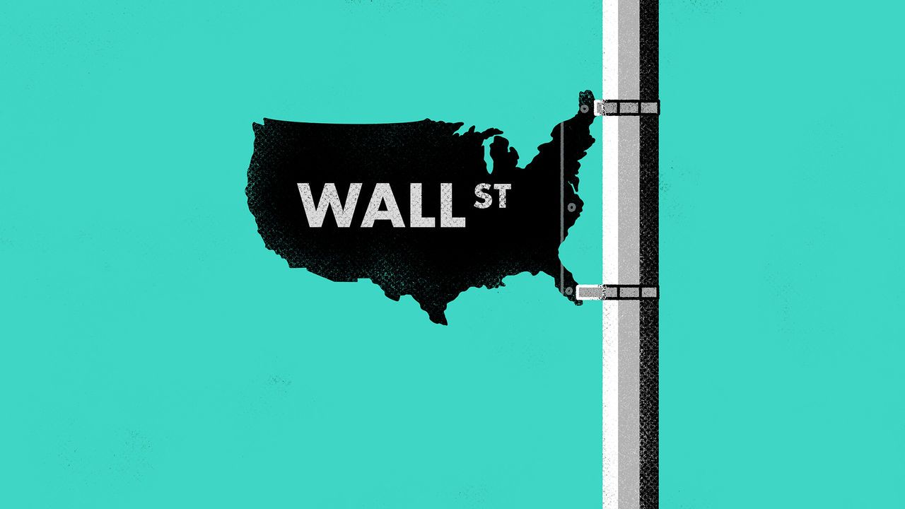 Illustration of a street sign in the shape of the USA that says Wall St