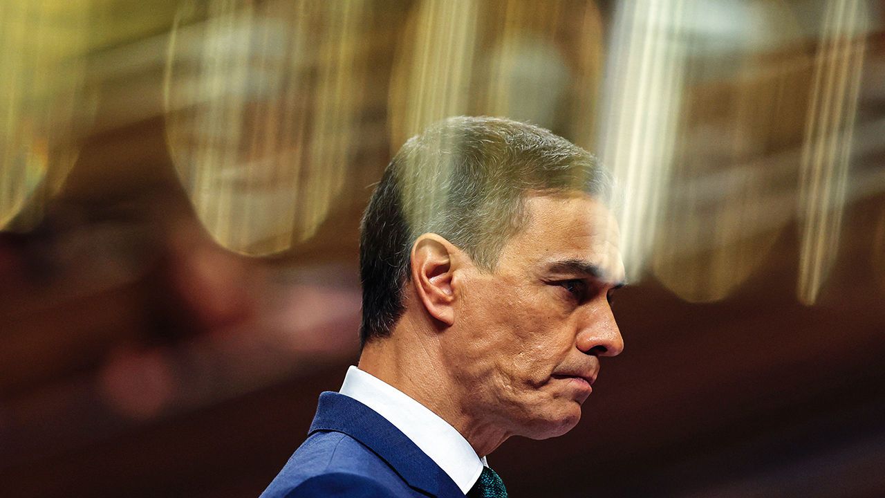 Spain's Prime Minister Pedro Sanchez delivers a speech at the Congress of Deputies in Madrid