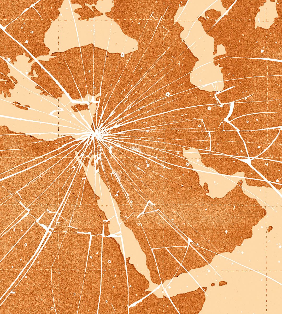 Illustration showing a map of the Middle East that has been smashed and cracked, like a pane of glass.