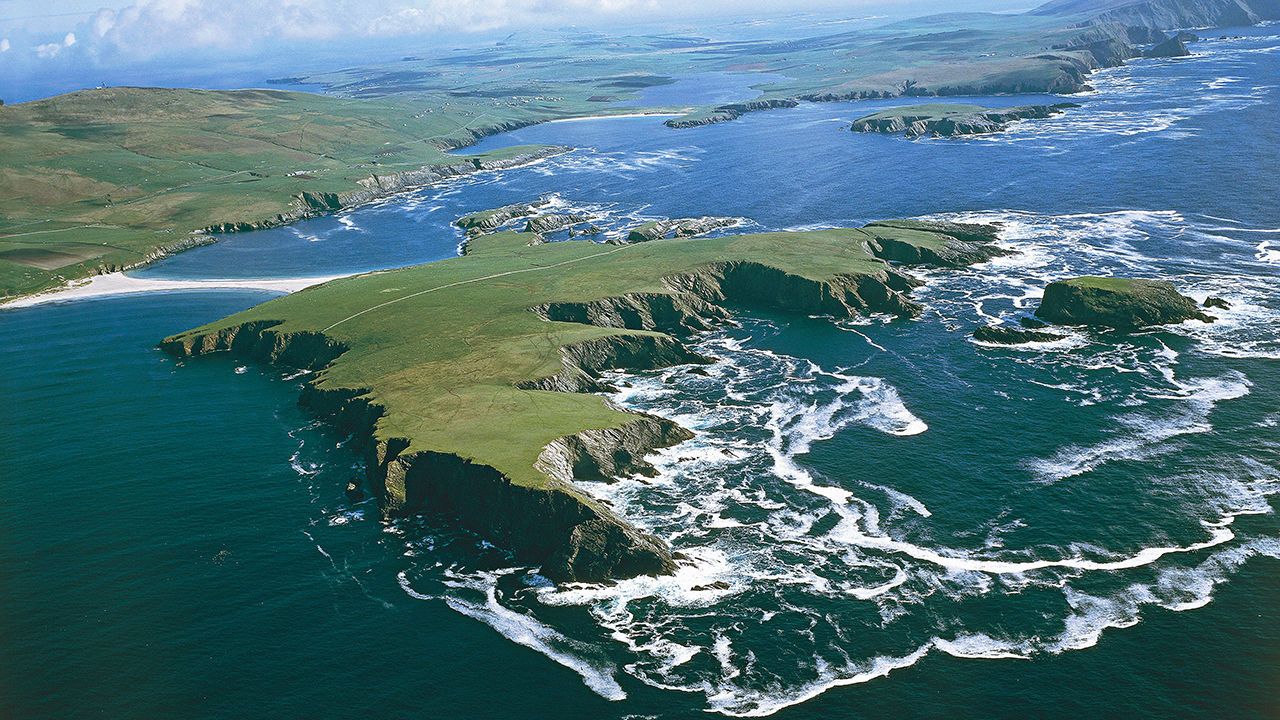 Aerial view of an island, Shetland Islands, Scotland.