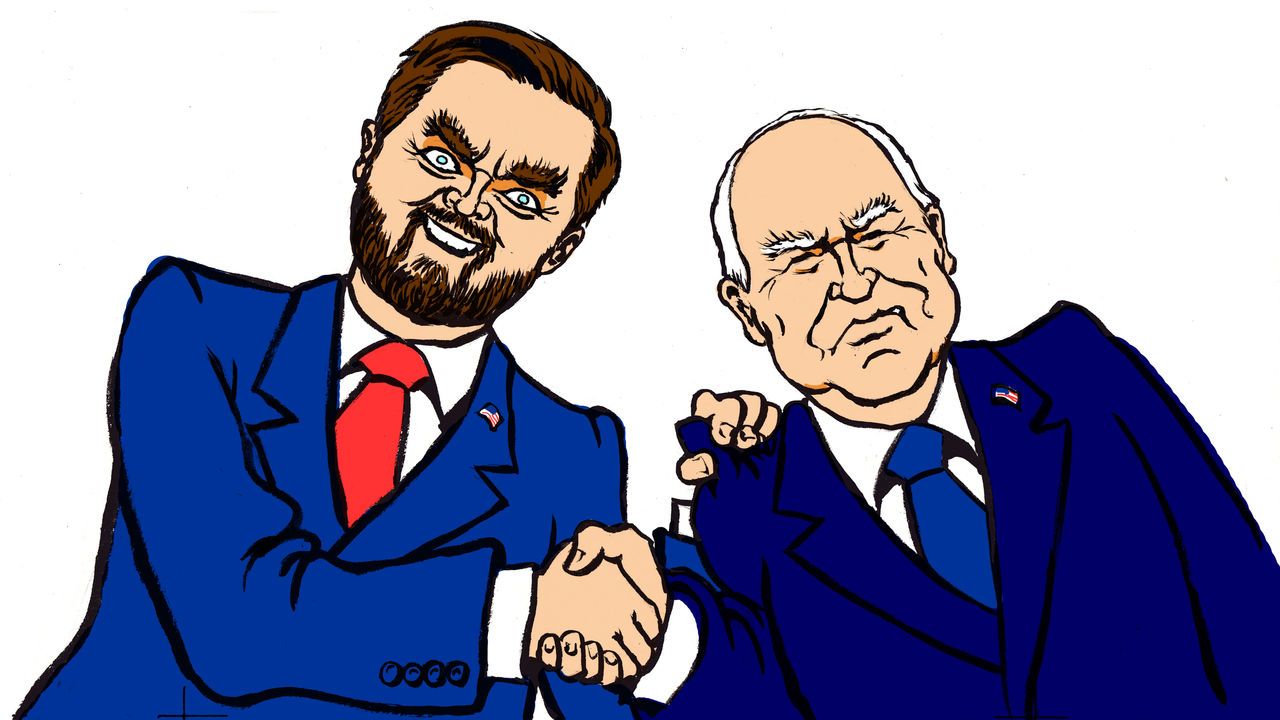 illustration shows J.D. Vance and Michael Waltz shaking hands awkwardly