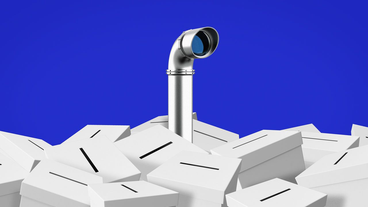 Illustration of a metal periscope emerging from a large pile of white ballot boxes against a solid blue background