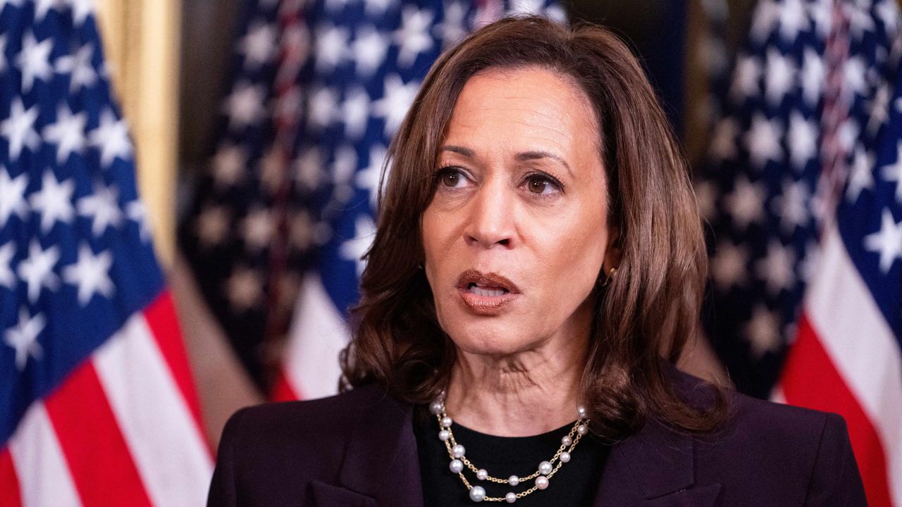 US Vice President Kamala Harris looks shocked.